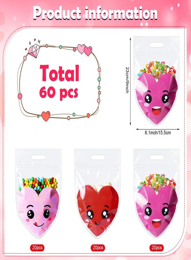 Hallswl 60pcs Valentine's Day Plastic Resealable Gift Bag,Red Pink Heart Candy Goodie Treat Bags with Handles for Kids Party Favor Supplies Classroom Gift Exchange Prizes,9X6inch - Image 2